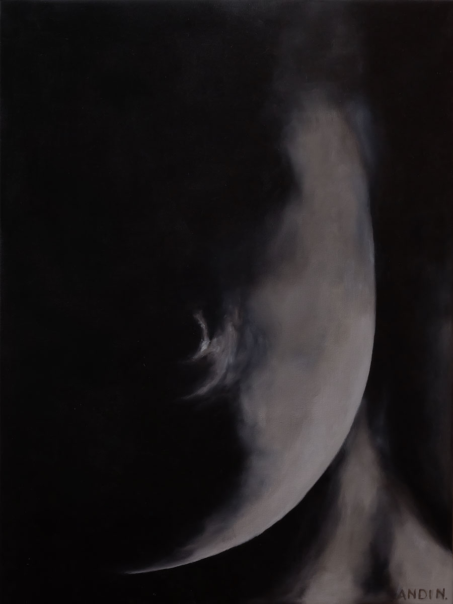 Original oil painting "Moon of a Thousand Nights" by Andi N. A contemporary figurative nude artwork where the graceful curve of the female body echoes the shape of a crescent moon. Soft monochrome tones, dramatic chiaroscuro, and the atmosphere of Arabian nights create a poetic composition filled with mystery, elegance, and timeless sensuality.